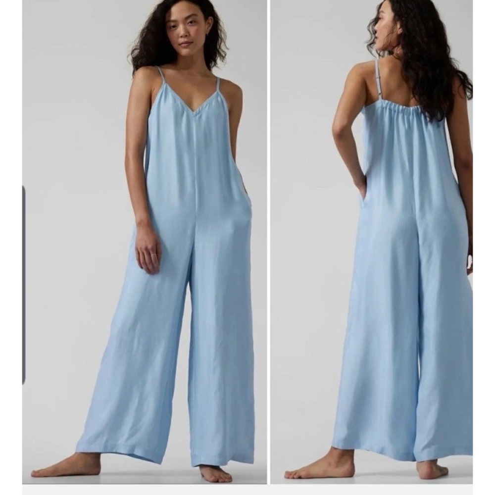 Athleta Calm Cool Wide Leg Jumpsuit Silky Blue V Neck Resort Lounge Romper XL